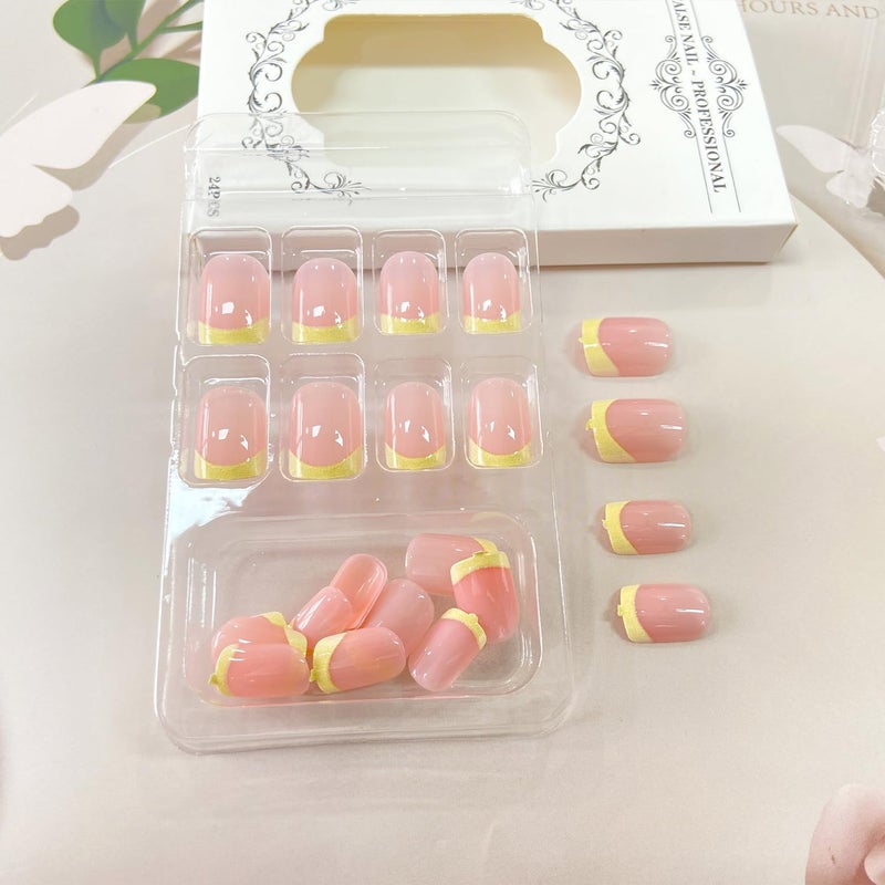 Vopintpy Yellow French Tip Press on Nails Short Square Fake Nails Glossy Acrylic Glue on Nails Reusable Full Cover Stick on Nails for Women - Image 3